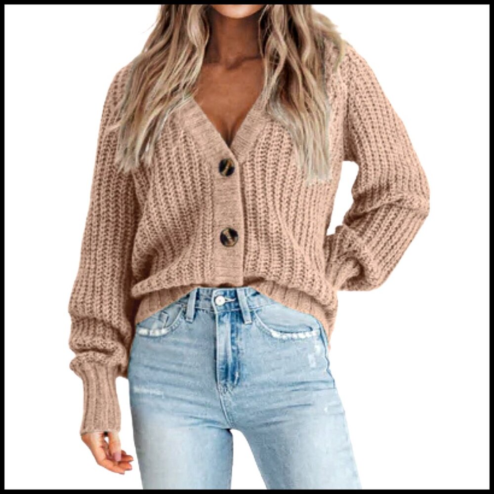 Chunky Knit Cardigan Open Front V Neck Button Sweater Fall Winter